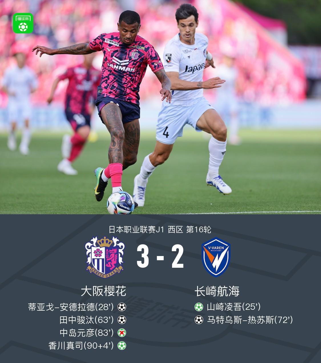 体育直播-大阪樱花3-2逆转长崎航海，香川真司点射，田中骏汰建功
